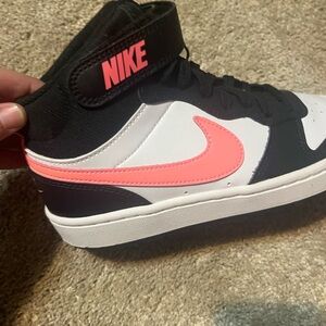 Nike Kids' Black and White Sneakers with Pink Swoosh